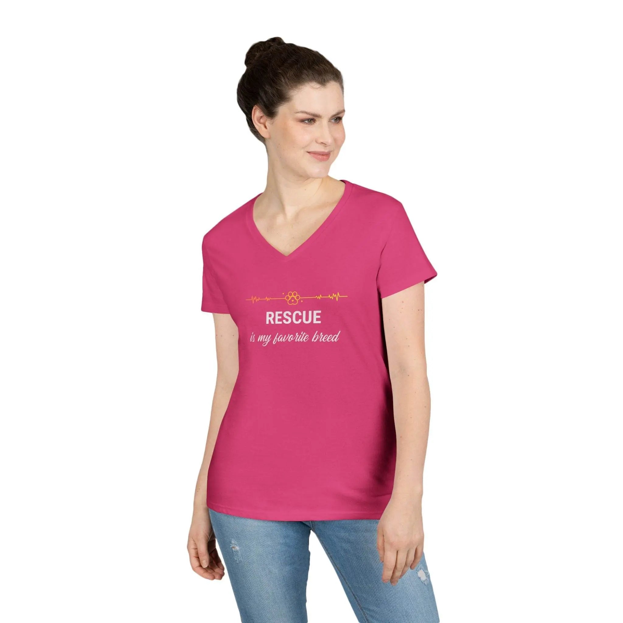 V-Neck T-Shirt - 'Rescue is My Favorite Breed' Design - Our Sacred Serenity Store