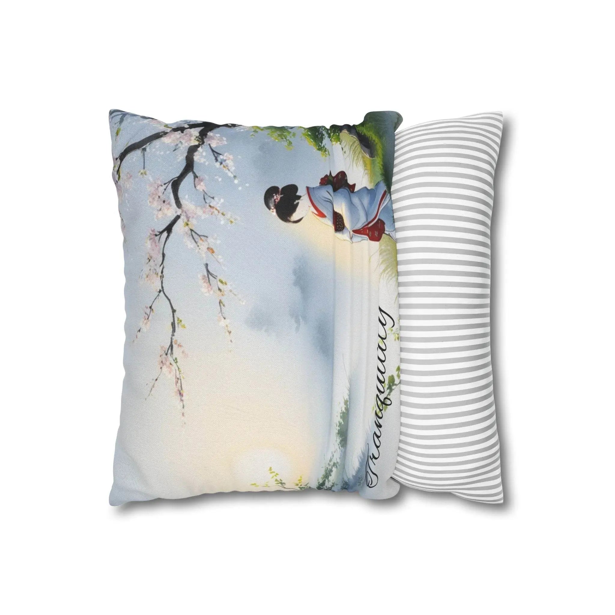 Japanese Tranquility Spun Polyester Square Pillowcase - serene, misty morning scene, cherry blossoms, peacefulness, connection to nature - - Our Sacred Serenity Store