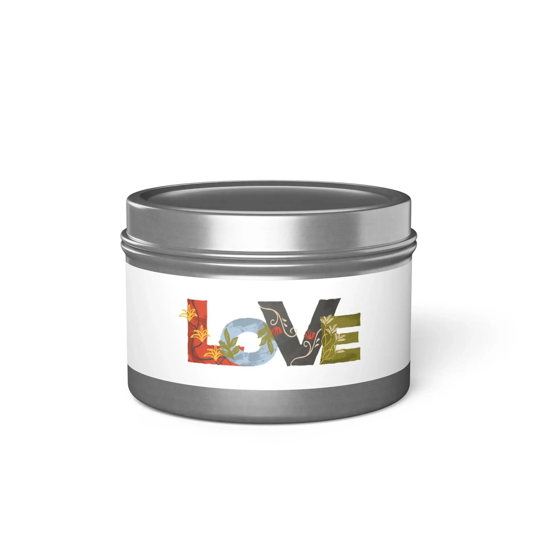 Features the word "LOVE" written in a decorative, artistic style. Each letter has a unique design with different colors and textures. Printify