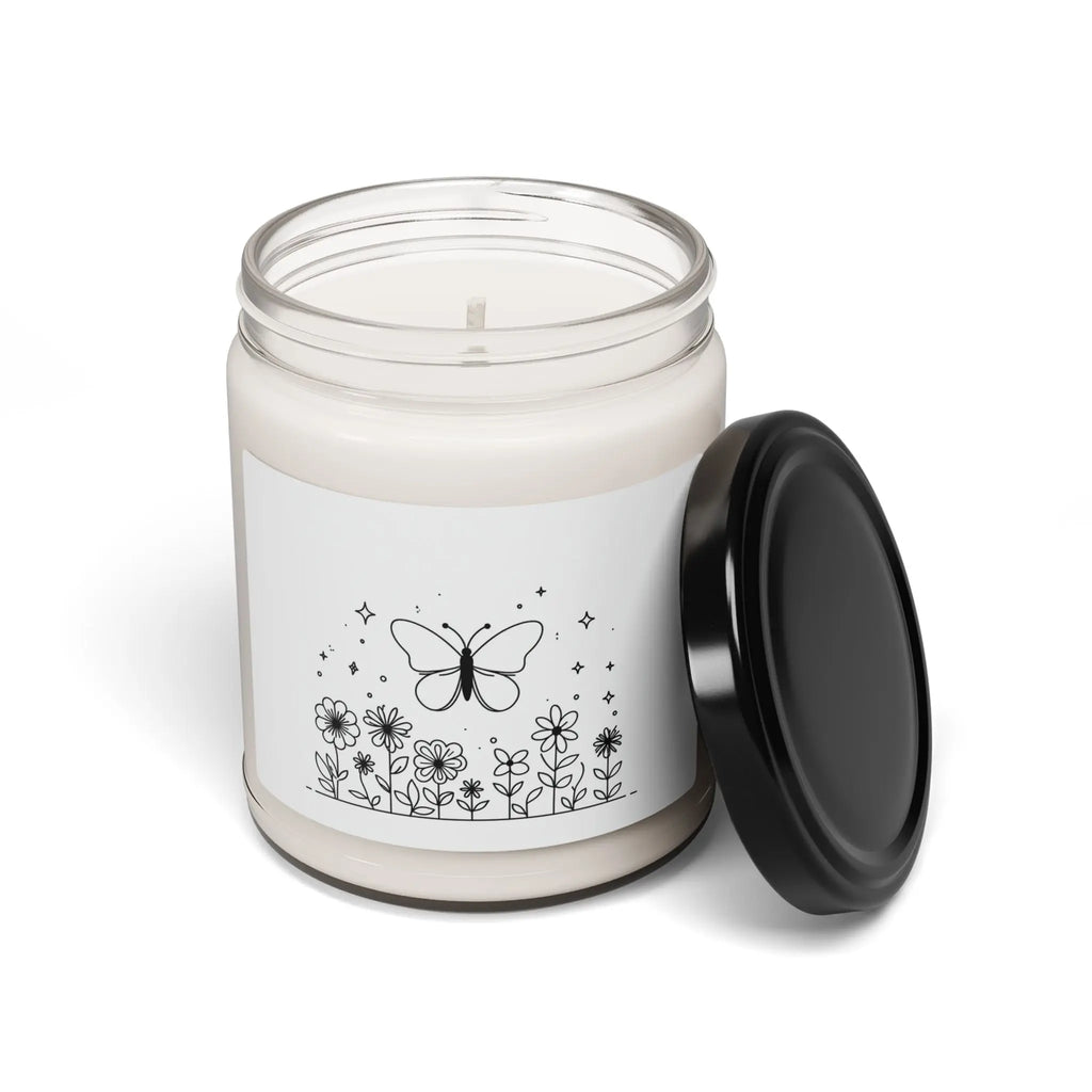 This scented candle is a black-and-white illustration features a whimsical butterfly hovering above a garden of blooming flowers. Printify