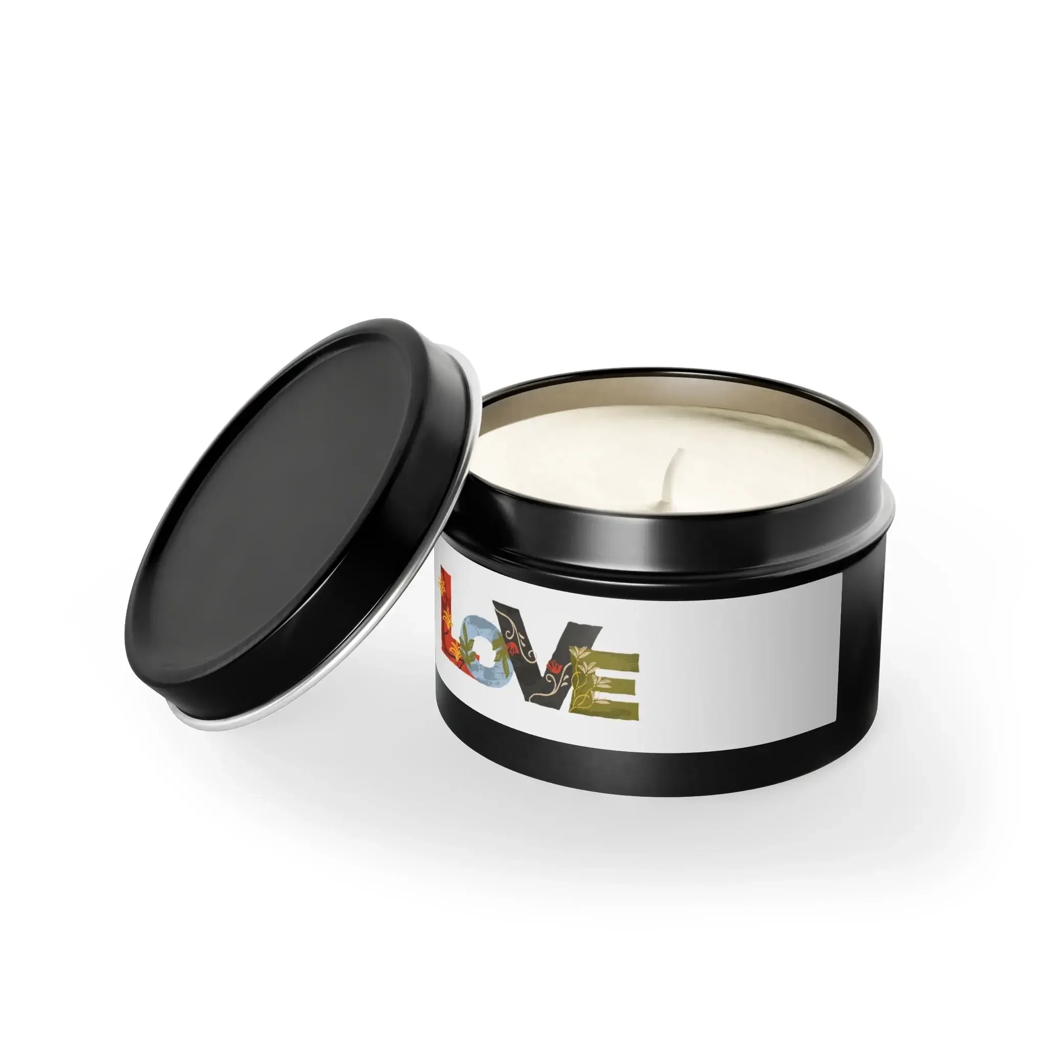Features the word "LOVE" written in a decorative, artistic style. Each letter has a unique design with different colors and textures. Printify