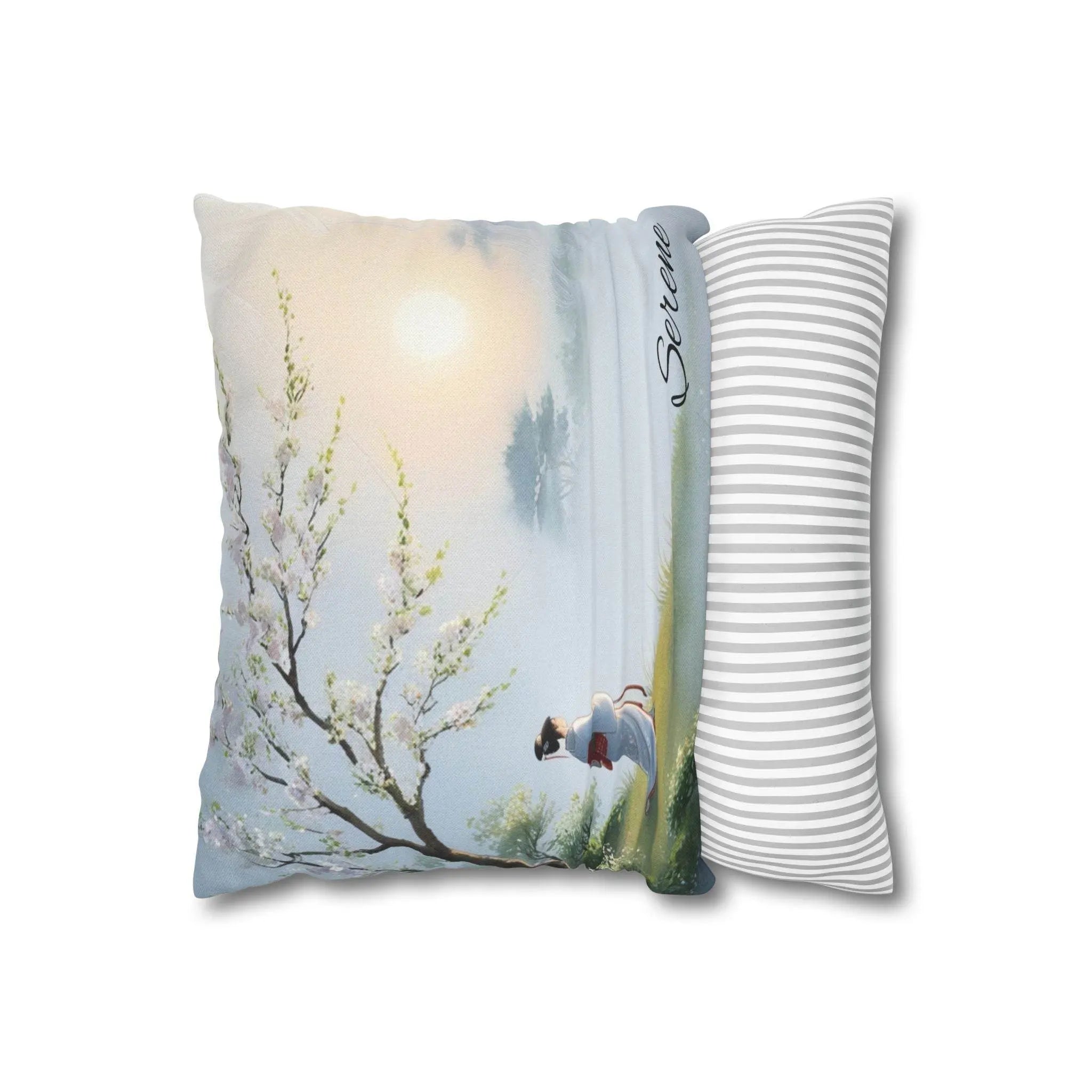 Japanese Tranquility Spun Polyester Square Pillowcase - serene, misty morning scene, cherry blossoms, peacefulness, connection to nature - - Our Sacred Serenity Store