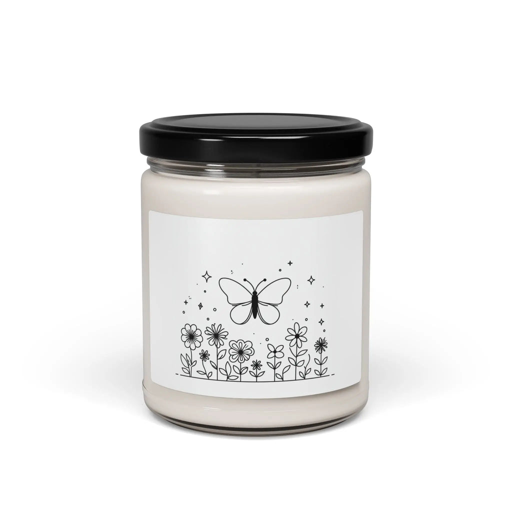 This scented candle is a black-and-white illustration features a whimsical butterfly hovering above a garden of blooming flowers. Printify