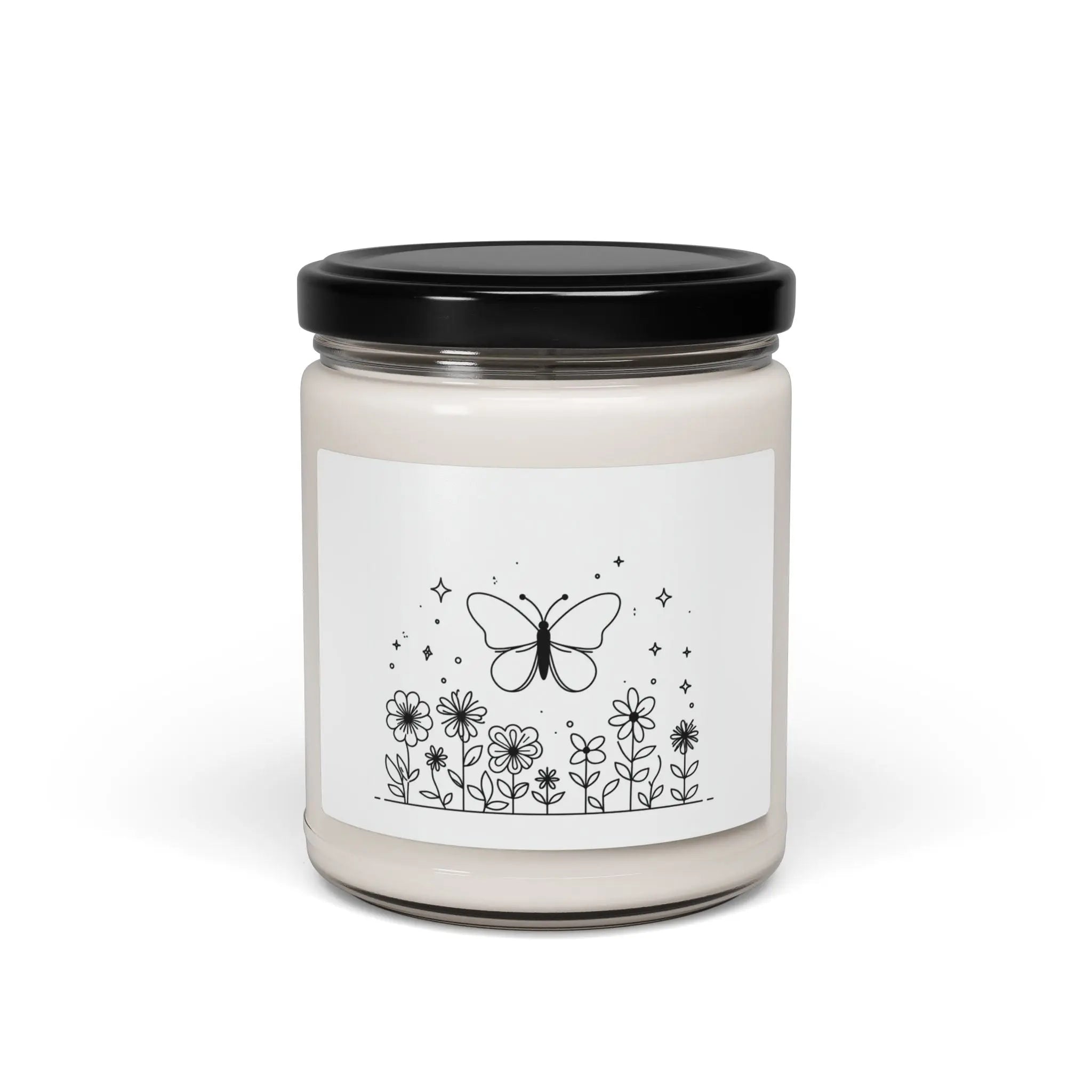 This scented candle is a black-and-white illustration features a whimsical butterfly hovering above a garden of blooming flowers. Printify