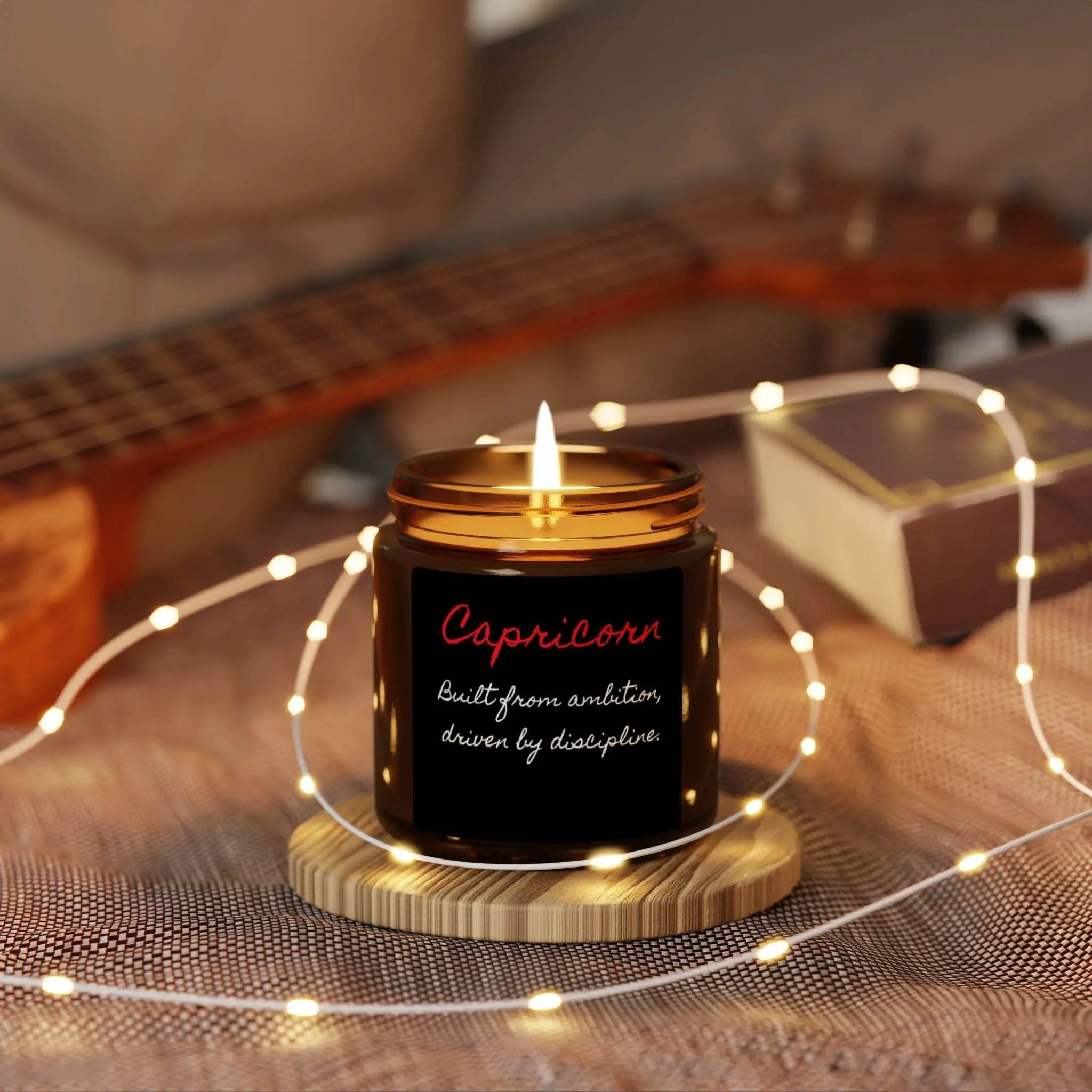 Candle Capricorn zodiac sign; with a bold quote! Built from ambition, driven by discipline. - Our Sacred Serenity Store