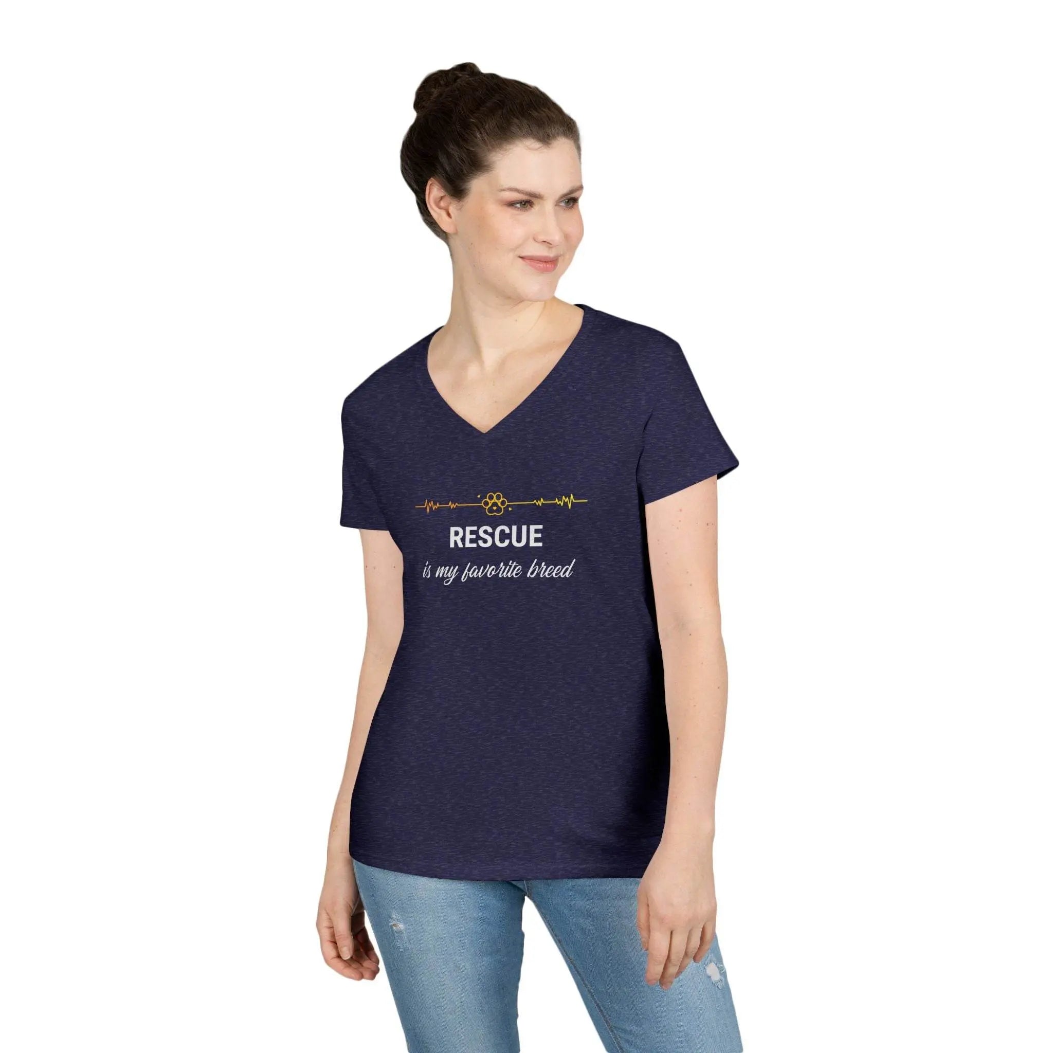 V-Neck T-Shirt - 'Rescue is My Favorite Breed' Design - Our Sacred Serenity Store