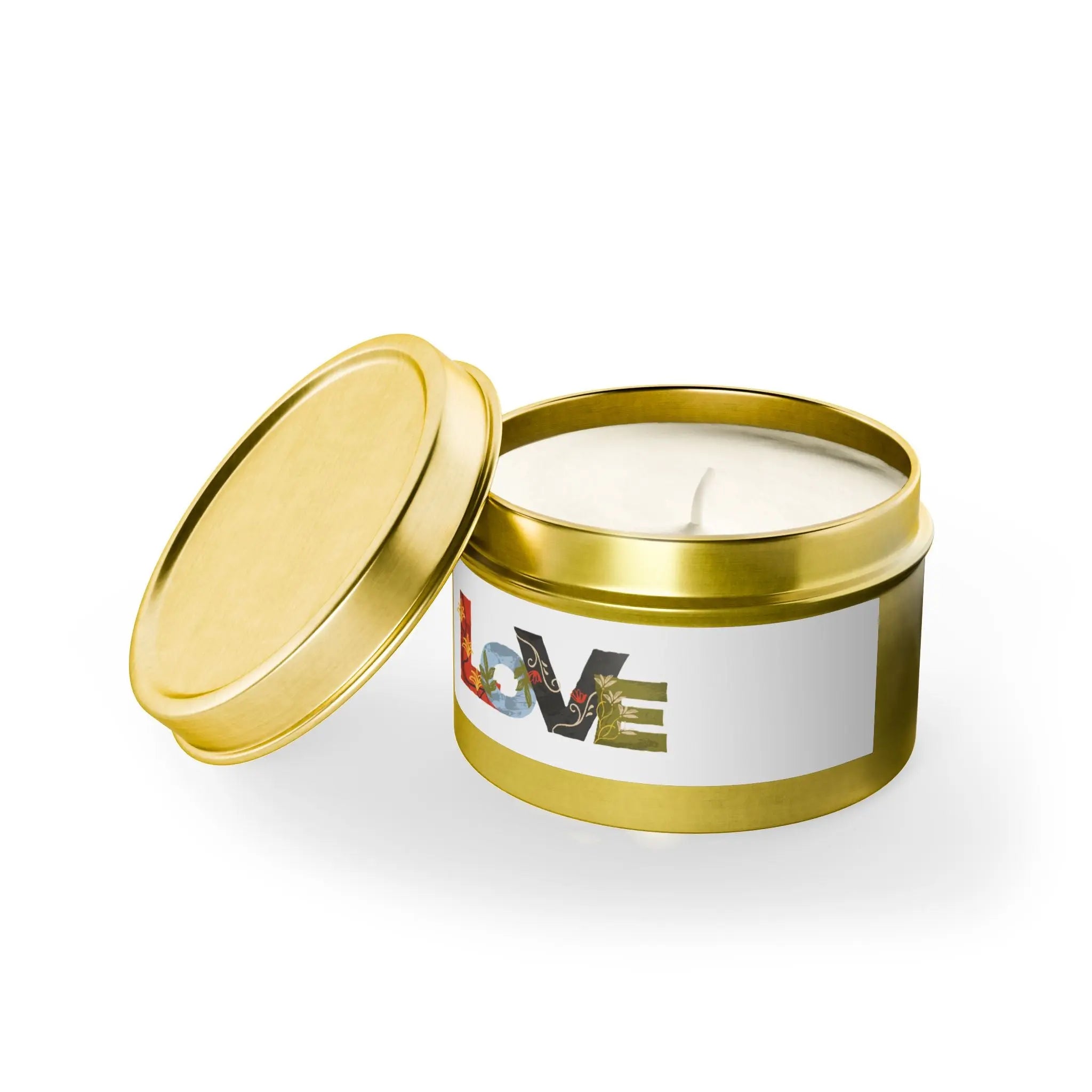 Features the word "LOVE" written in a decorative, artistic style. Each letter has a unique design with different colors and textures. Printify