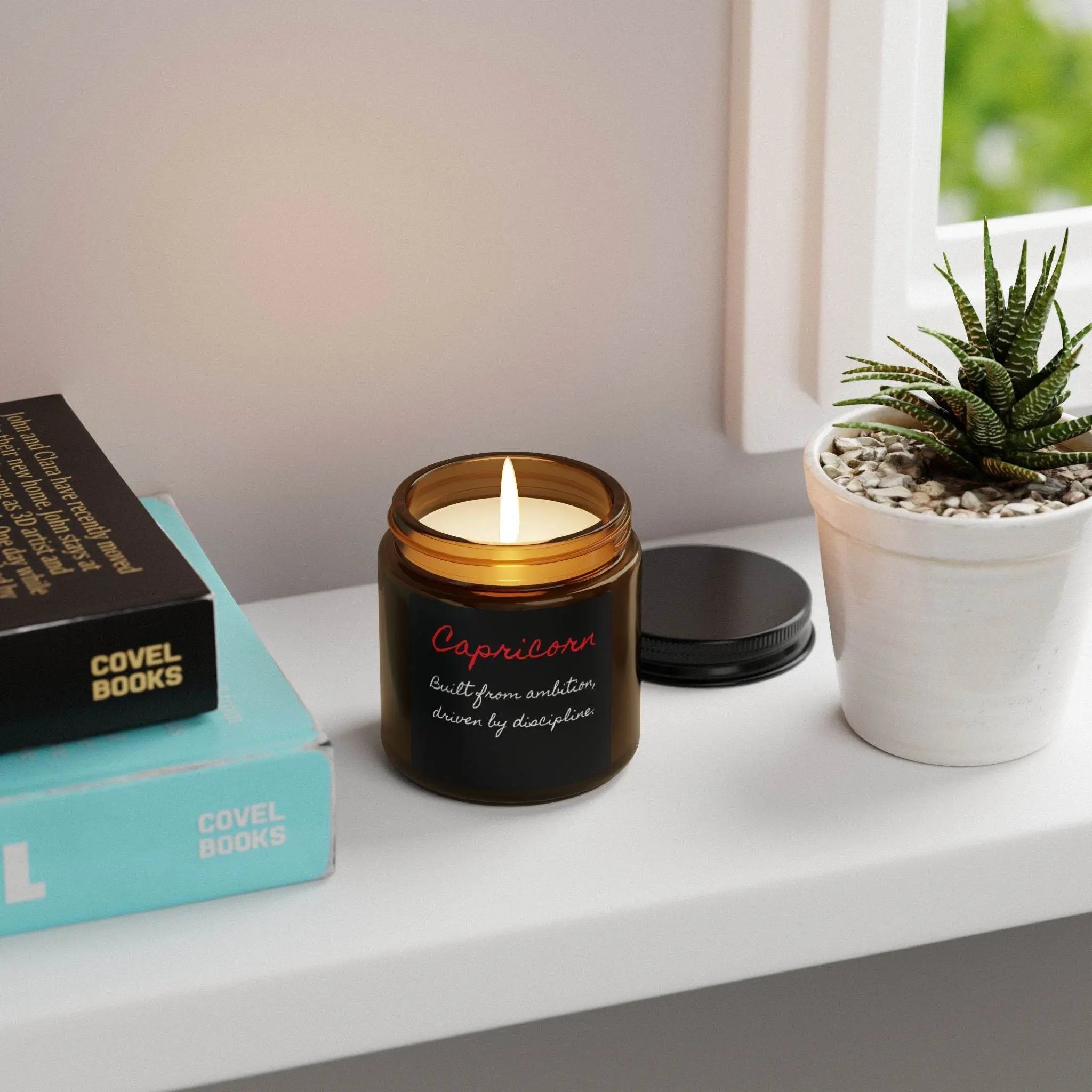 Candle Capricorn zodiac sign; with a bold quote! Built from ambition, driven by discipline. - Our Sacred Serenity Store