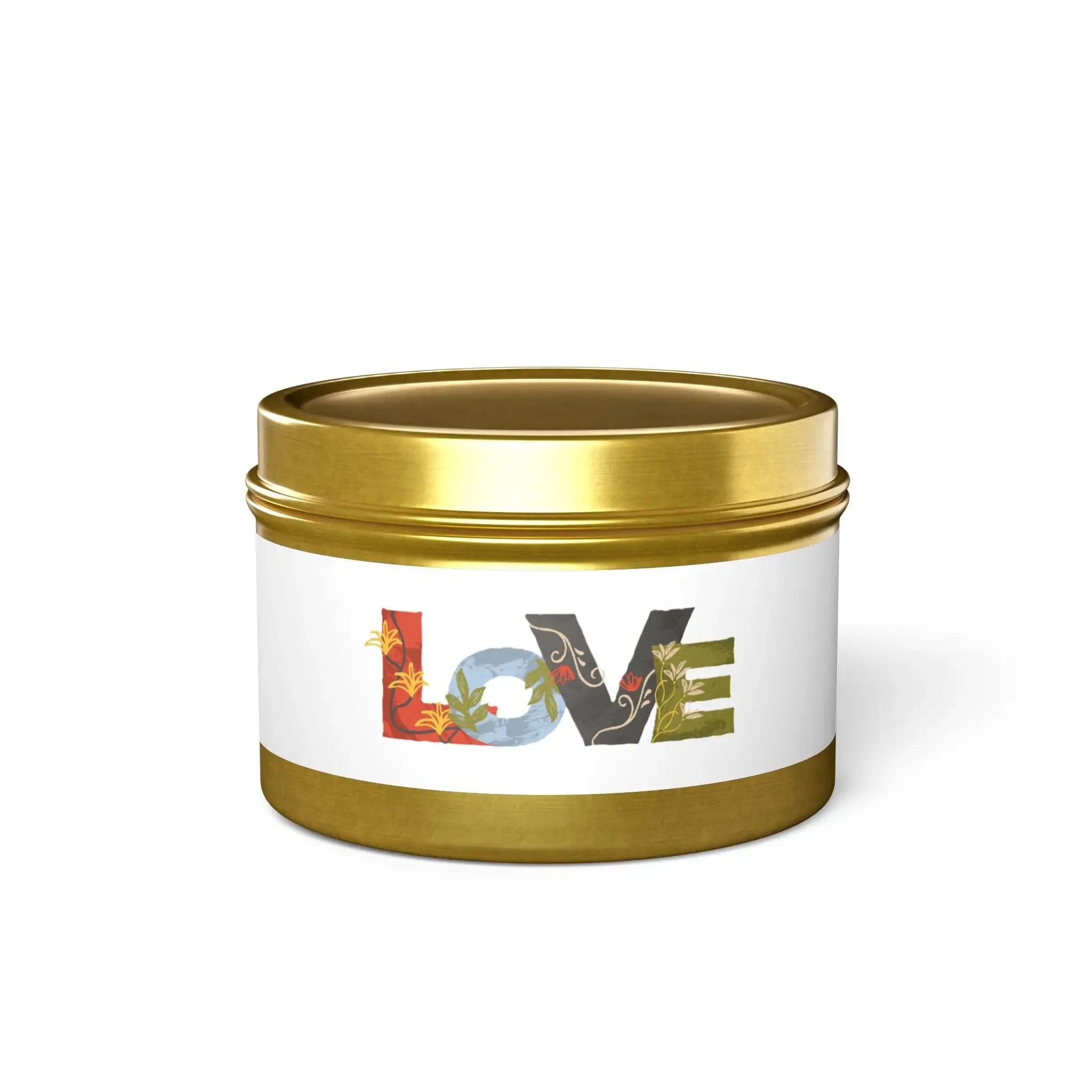 Features the word "LOVE" written in a decorative, artistic style. Each letter has a unique design with different colors and textures. Printify