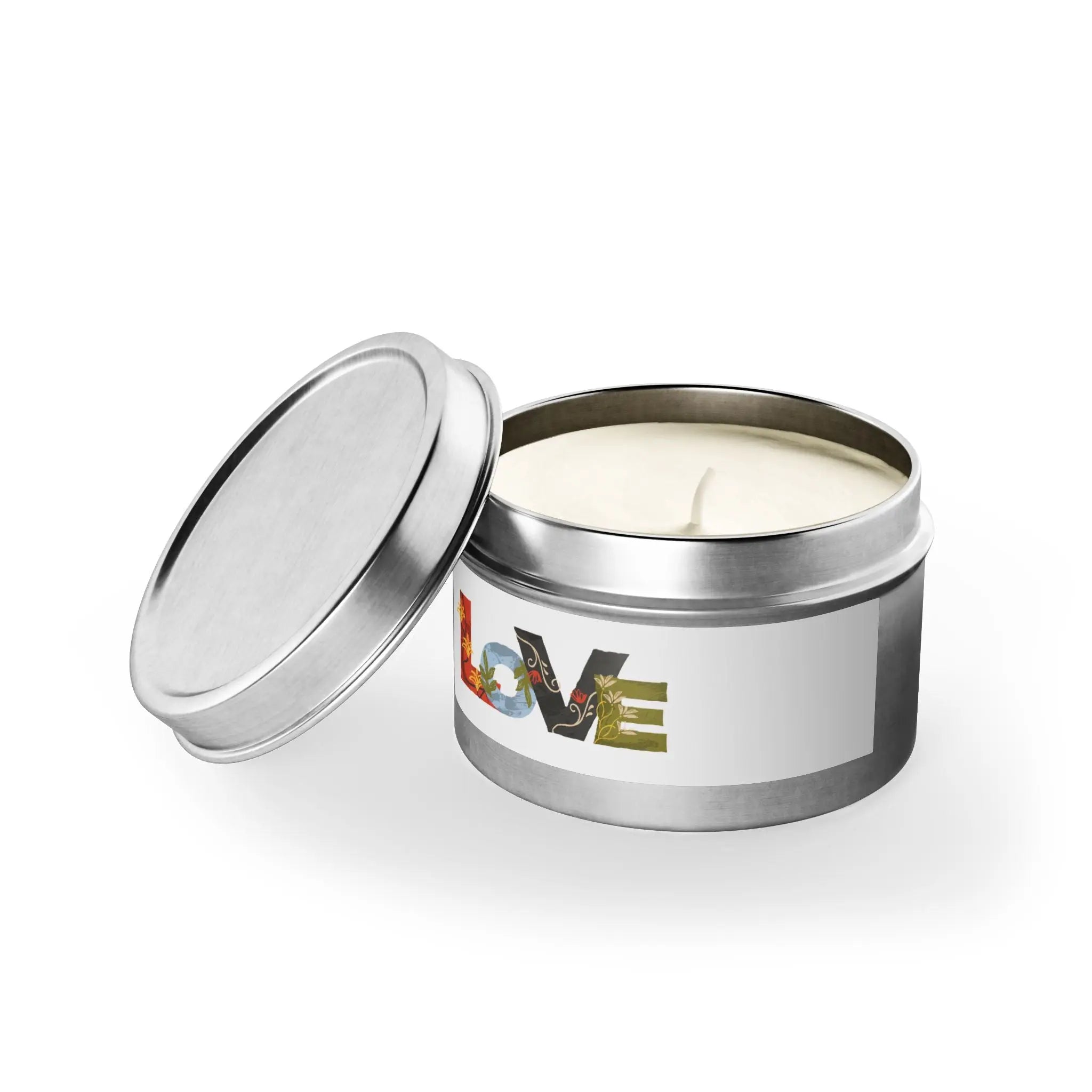 Features the word "LOVE" written in a decorative, artistic style. Each letter has a unique design with different colors and textures. Printify