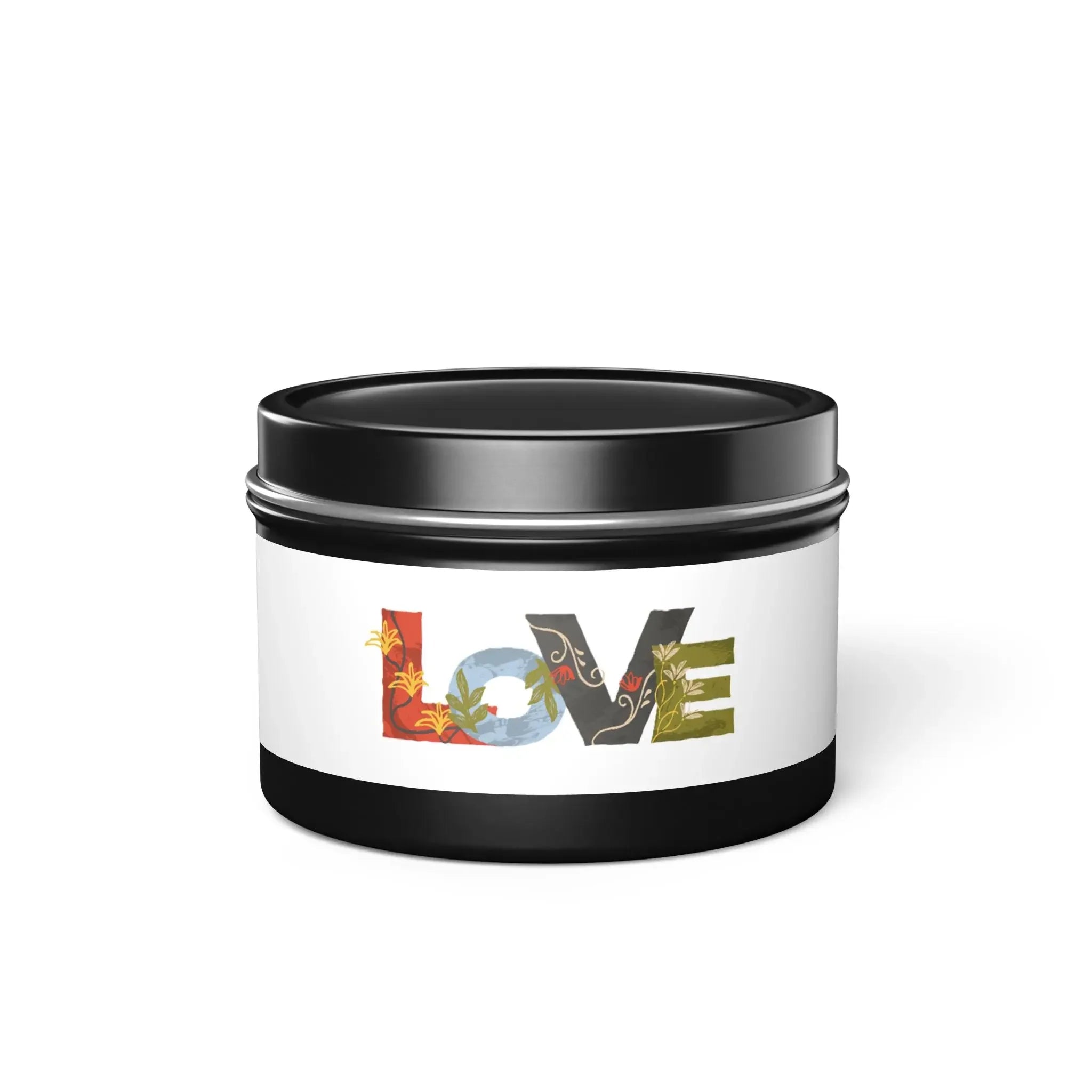 Features the word "LOVE" written in a decorative, artistic style. Each letter has a unique design with different colors and textures. Printify