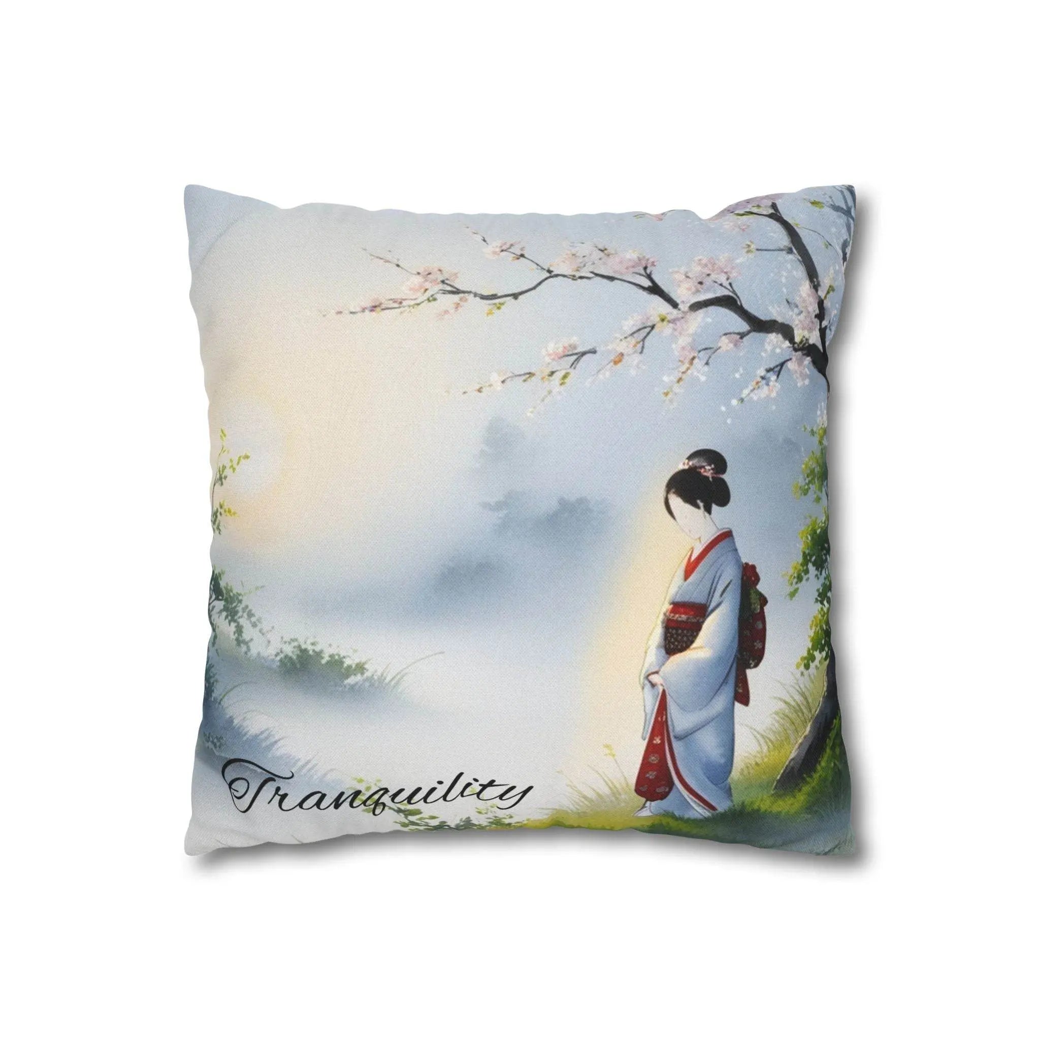 Japanese Tranquility Spun Polyester Square Pillowcase - serene, misty morning scene, cherry blossoms, peacefulness, connection to nature - - Our Sacred Serenity Store