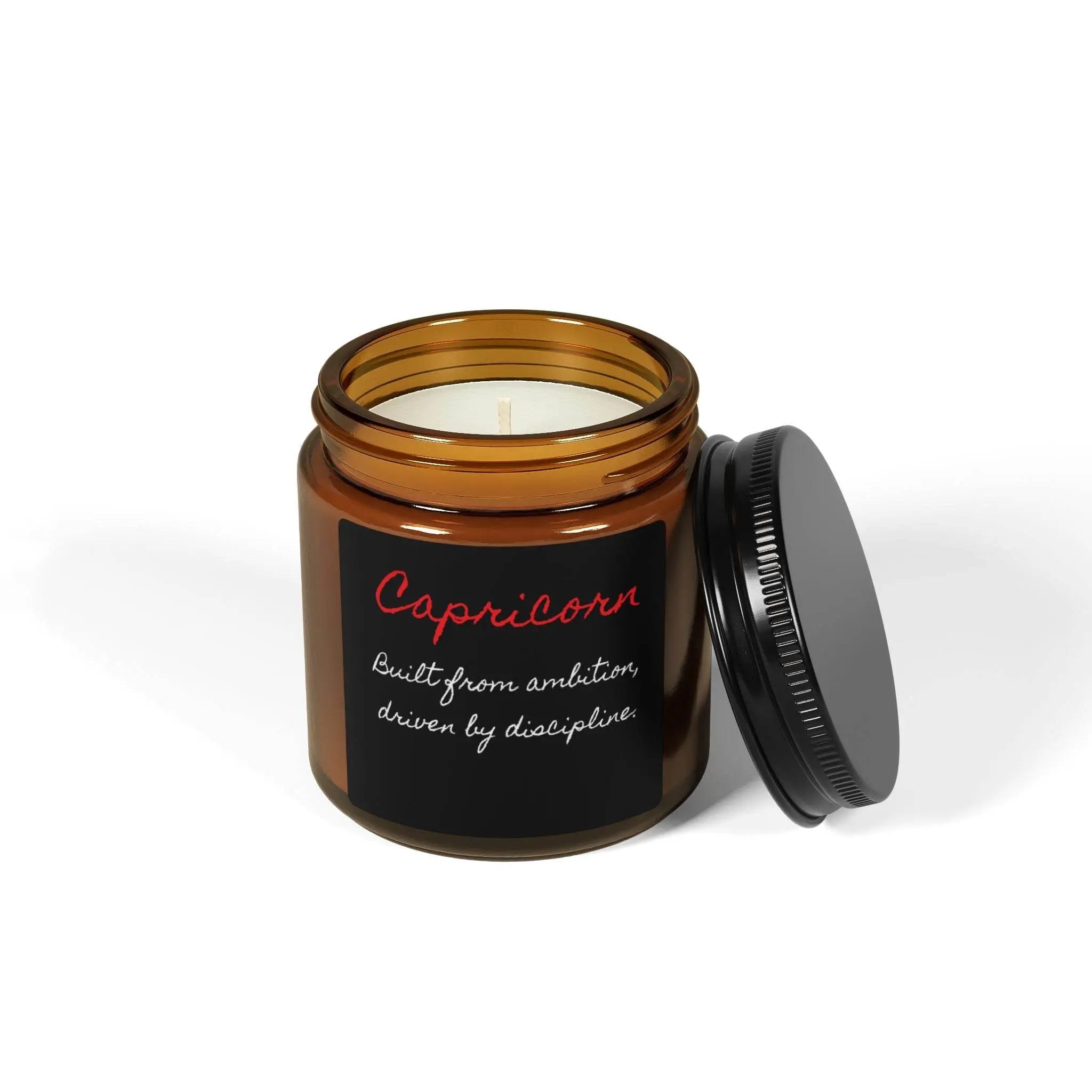 Candle Capricorn zodiac sign; with a bold quote! Built from ambition, driven by discipline. - Our Sacred Serenity Store