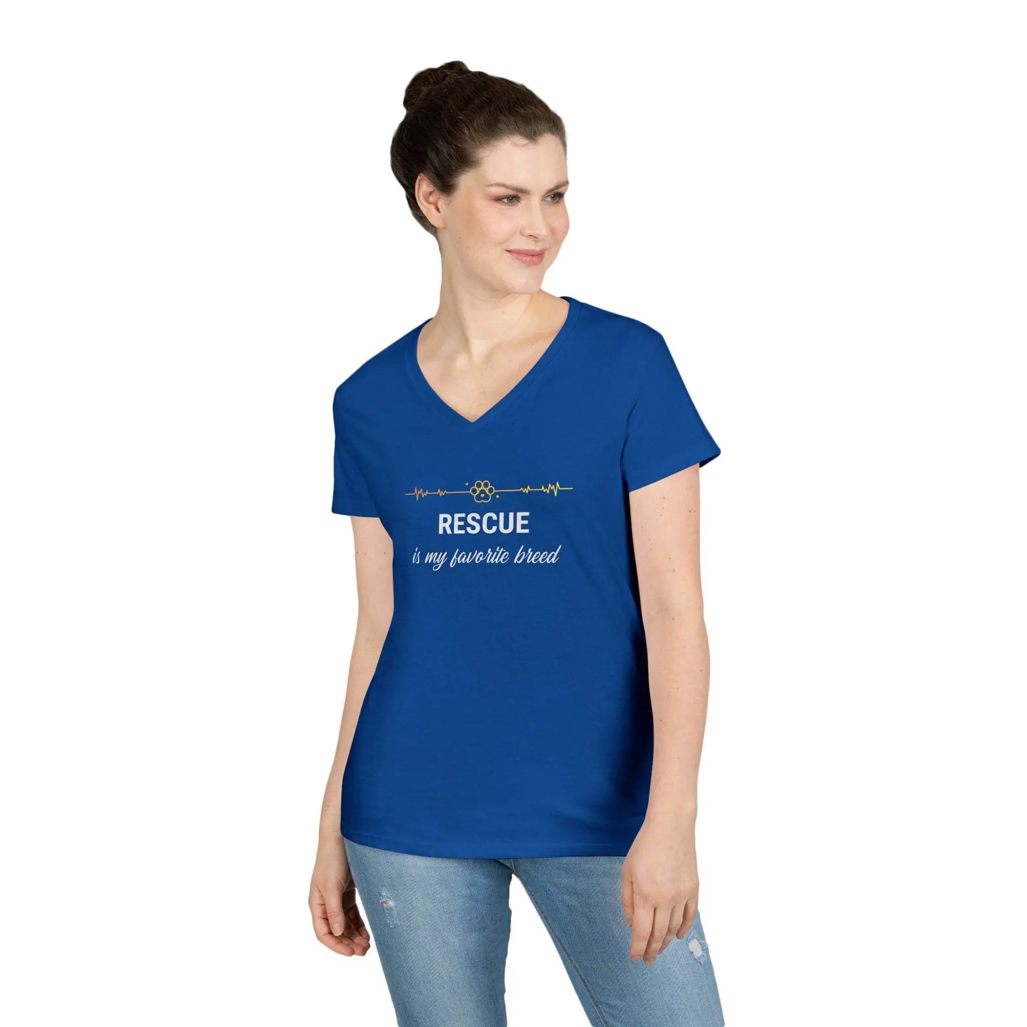 V-Neck T-Shirt - 'Rescue is My Favorite Breed' Design - Our Sacred Serenity Store