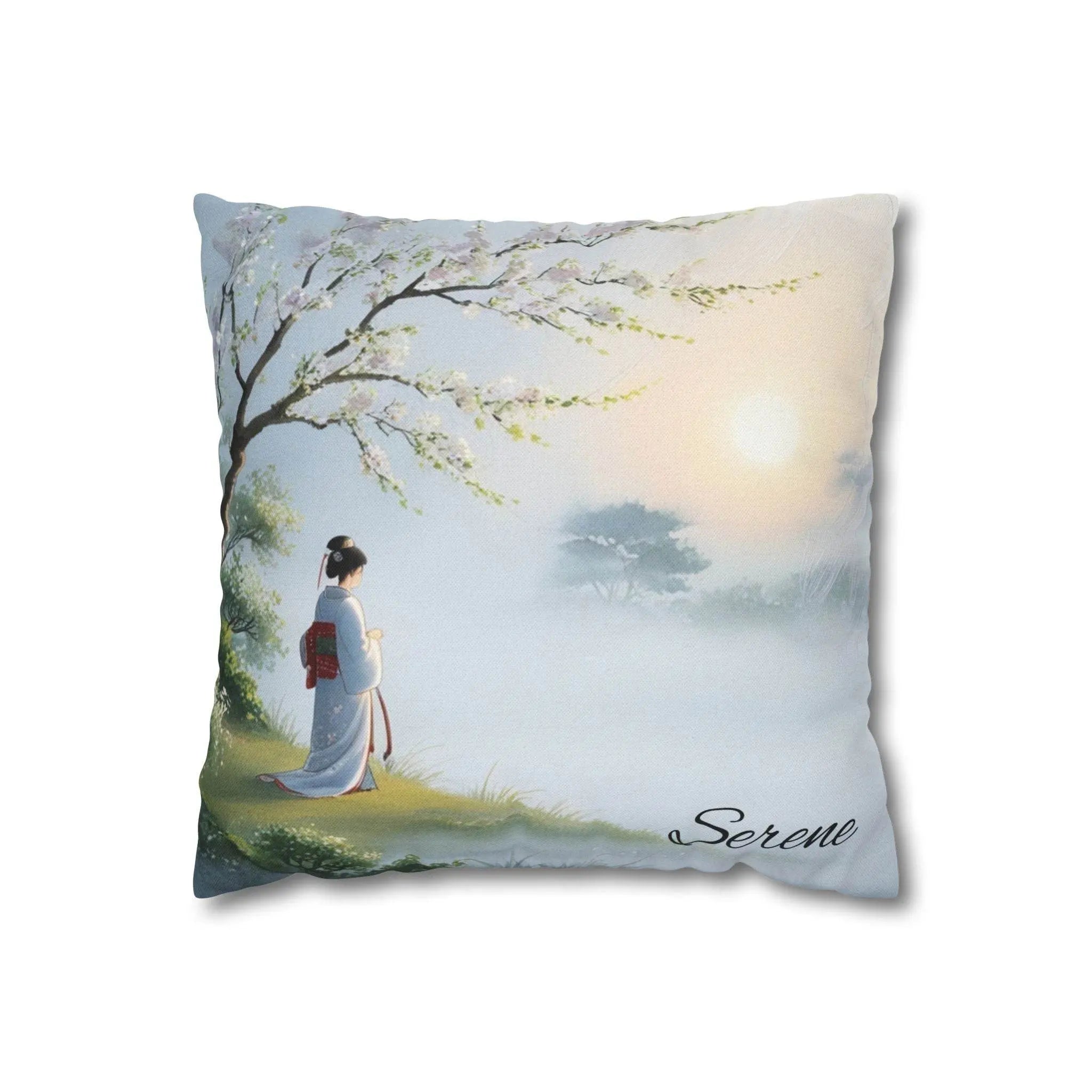 Japanese Tranquility Spun Polyester Square Pillowcase - serene, misty morning scene, cherry blossoms, peacefulness, connection to nature - - Our Sacred Serenity Store